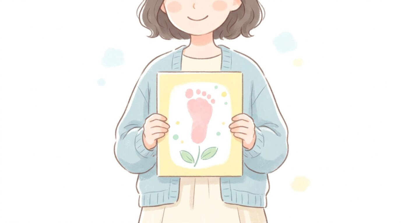 パステルカラーの台紙に赤ちゃんの足形をお花に見立てたアート作品を、母親が優しく持っている様子