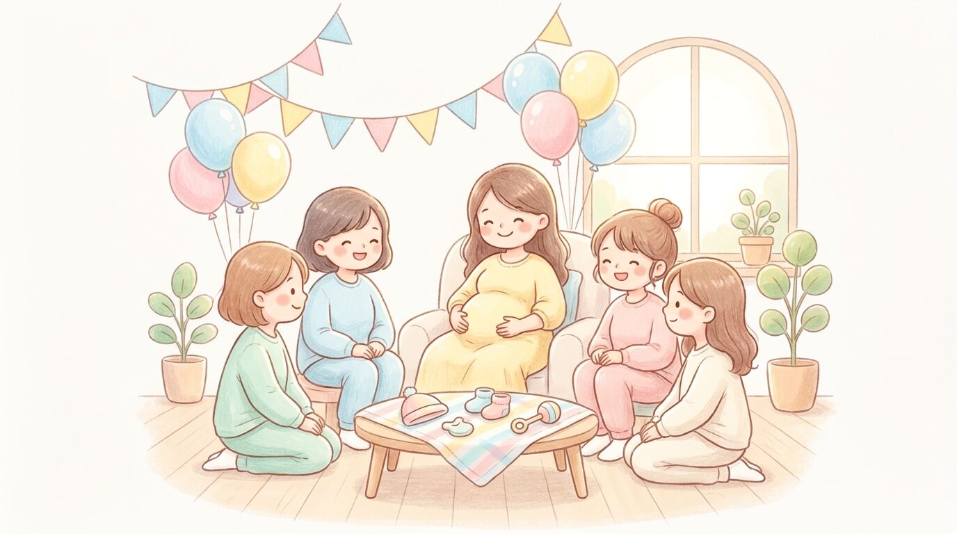 パステルカラーのバルーンとガーランドで飾られた明るい室内で、笑顔の妊婦さんを囲む女性たち