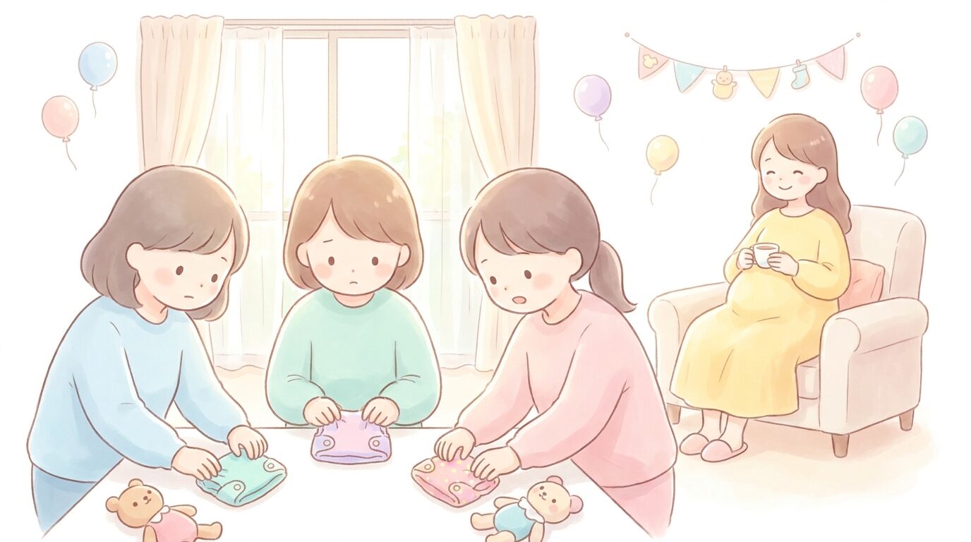 人形に紙おむつを着けようと真剣な表情で競争する数名のゲストと、それを笑顔で見守る妊婦さん
