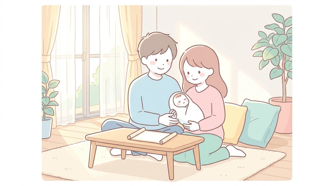 リビングで命名書を囲んで生まれたばかりの赤ちゃんを抱きながら微笑む若い夫婦、柔らかな自然光が差し込む温かい雰囲気