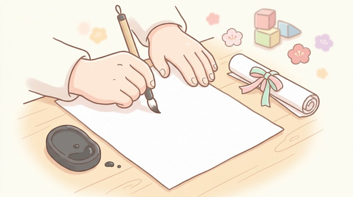 半紙に筆ペンで赤ちゃんの名前を書く父親の手元のクローズアップ、机の上には墨と命名紙が並ぶ