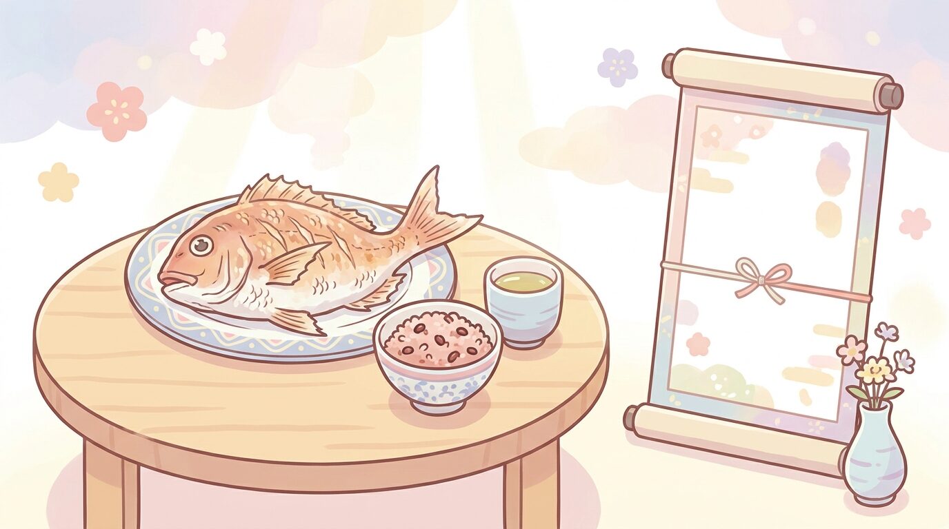 テーブルに並んだ尾頭付きの鯛やお赤飯などお七夜の祝い膳と、その横に飾られた命名書