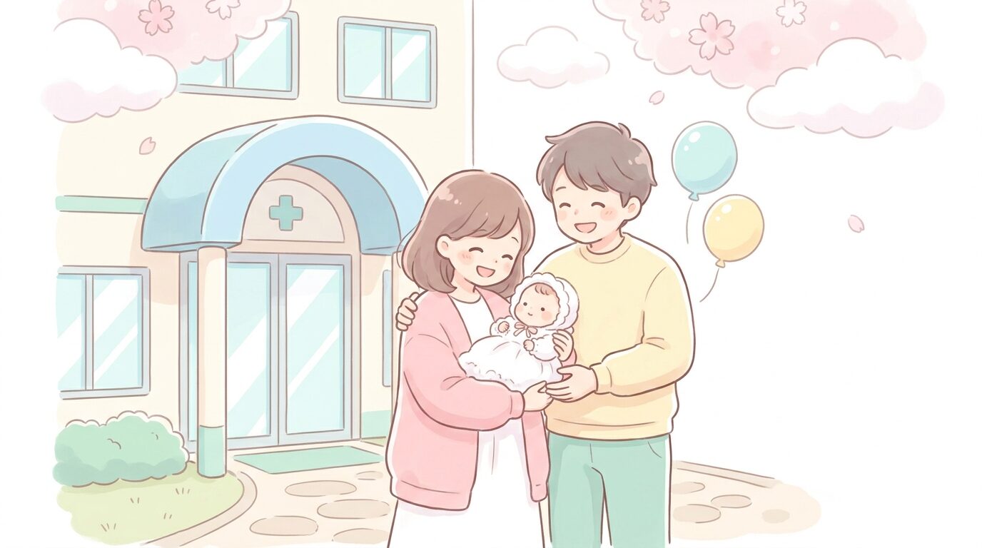 病院の玄関前でセレモニードレスを着た新生児を抱っこして笑顔で退院する若い夫婦