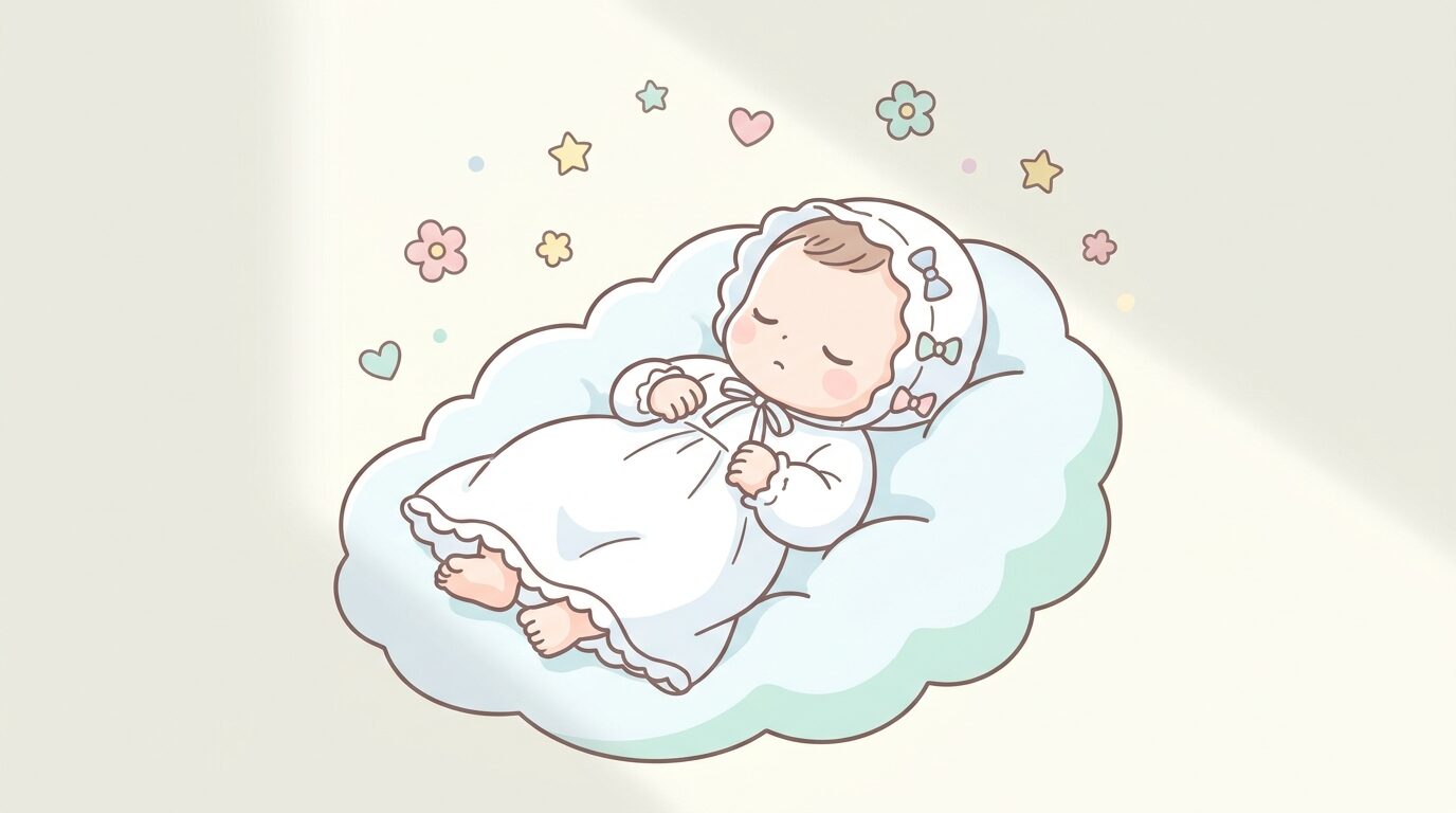 白いセレモニードレスと帽子を身につけて眠る新生児のアップ、やわらかな自然光