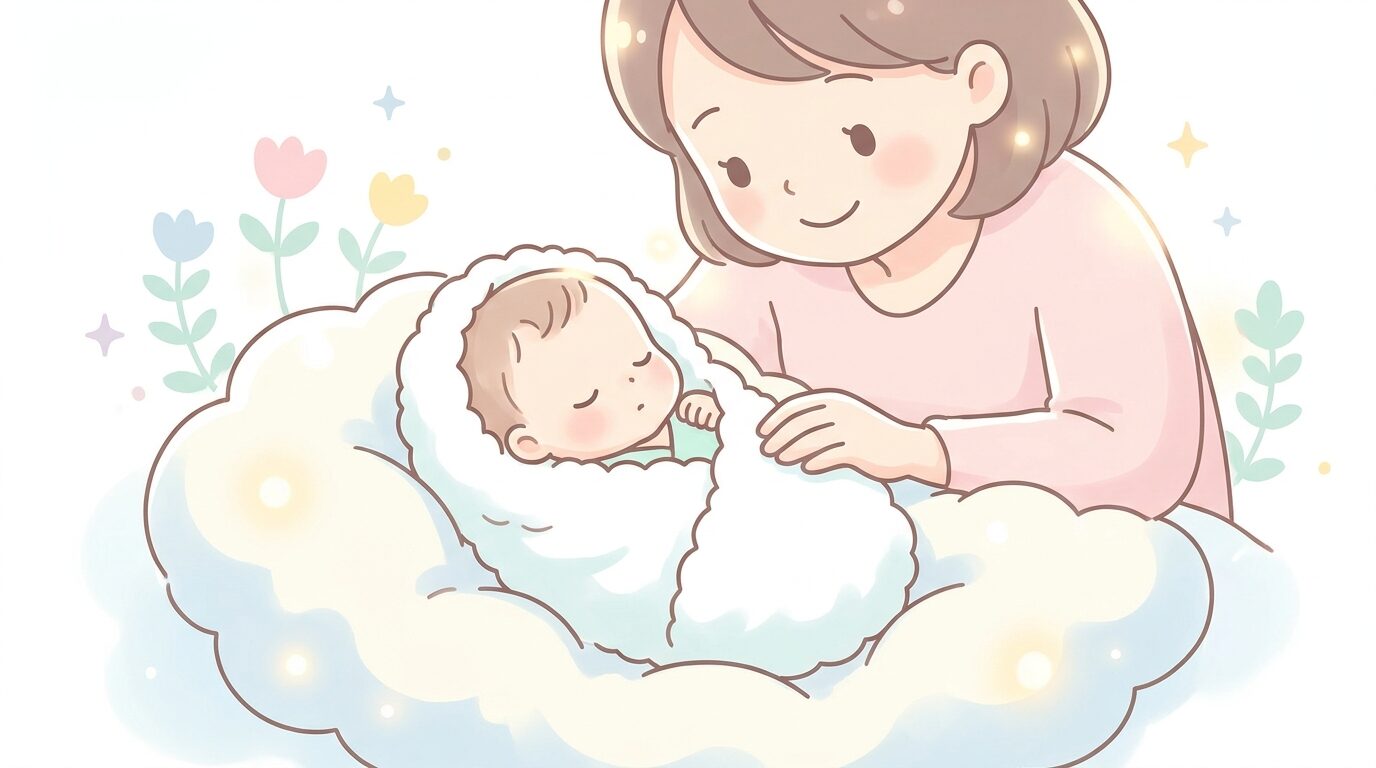 白いおくるみに包まれて眠る新生児と、優しく見つめる母親の穏やかな表情