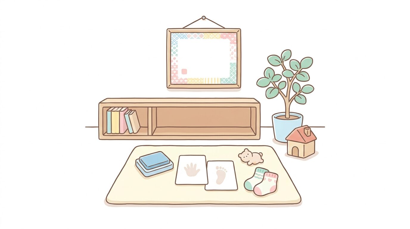 リビングに飾られた命名書と、赤ちゃんの小さな手足形を残すためのインクとカードが並ぶ様子