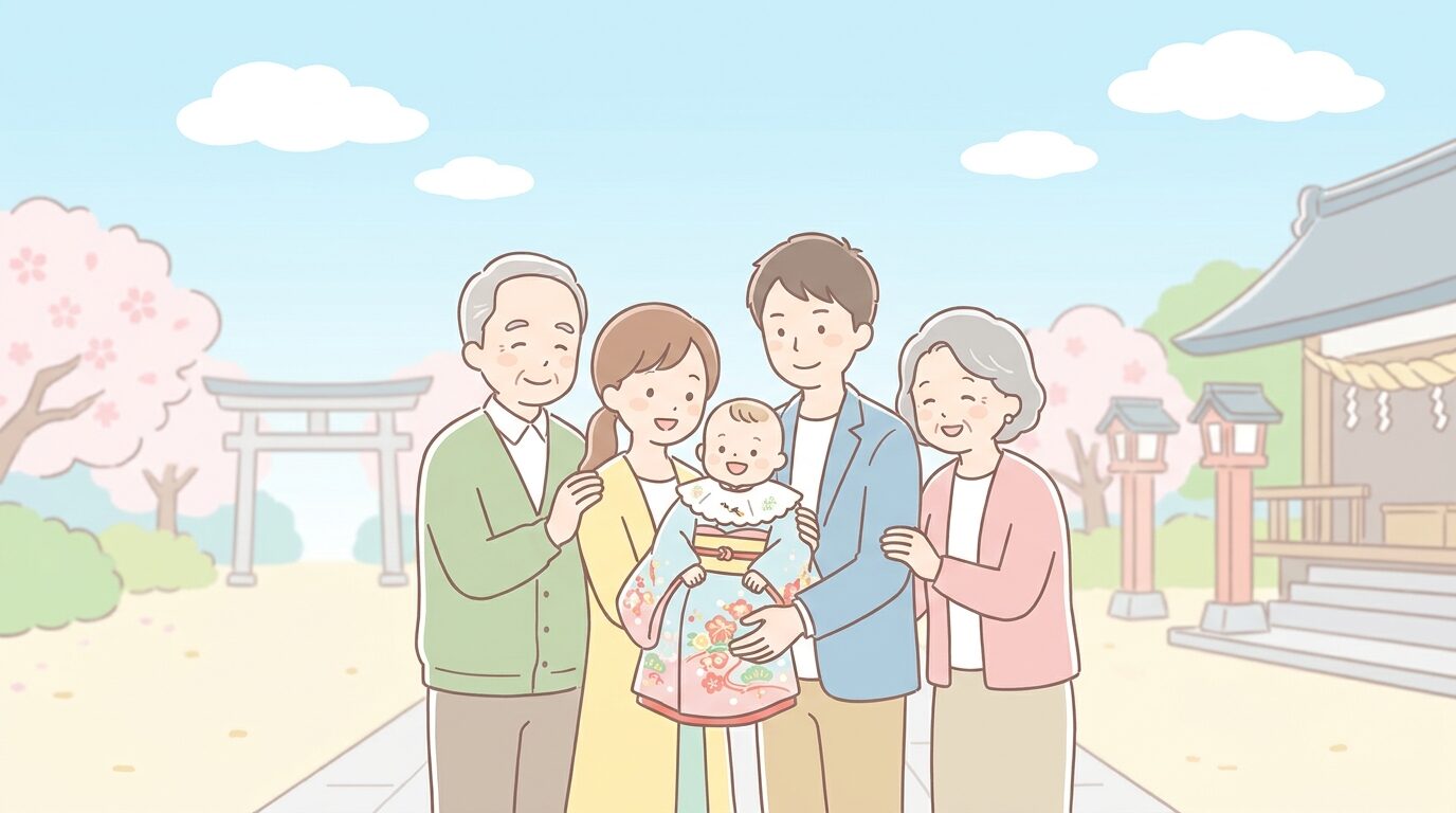 神社の境内で祝い着を掛けた赤ちゃんを抱く家族三世代の記念写真、晴れた青空