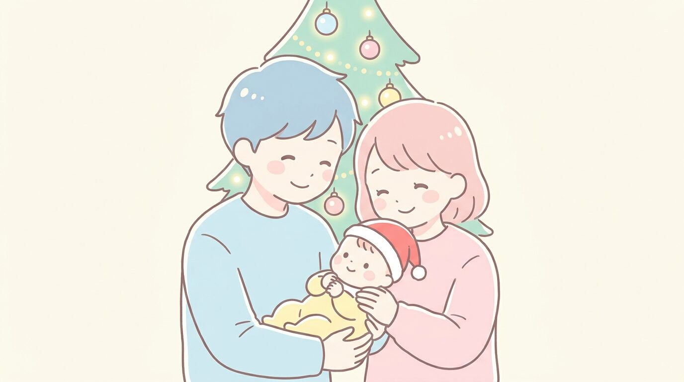 クリスマスツリーの前でサンタ帽をかぶった0歳の赤ちゃんを抱っこして笑顔で見つめる若い夫婦