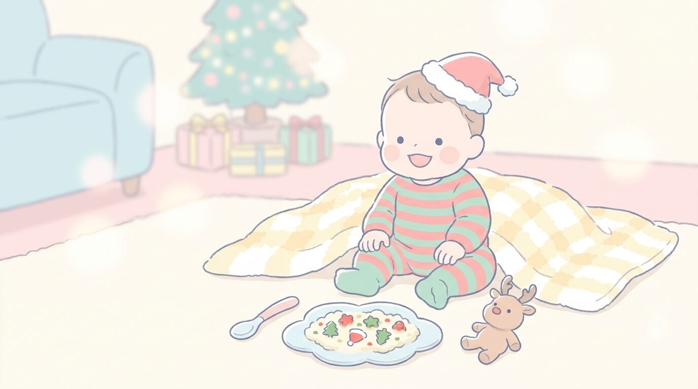 リビングの床でクリスマスカラーの離乳食プレートを前にちょこんとおすわりする生後8ヶ月頃の赤ちゃん