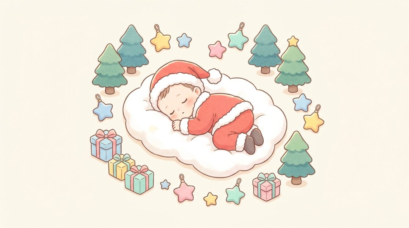 サンタクロースの衣装を着てすやすや眠る新生児と、その周りに配置されたモミの木やオーナメントの寝相アート