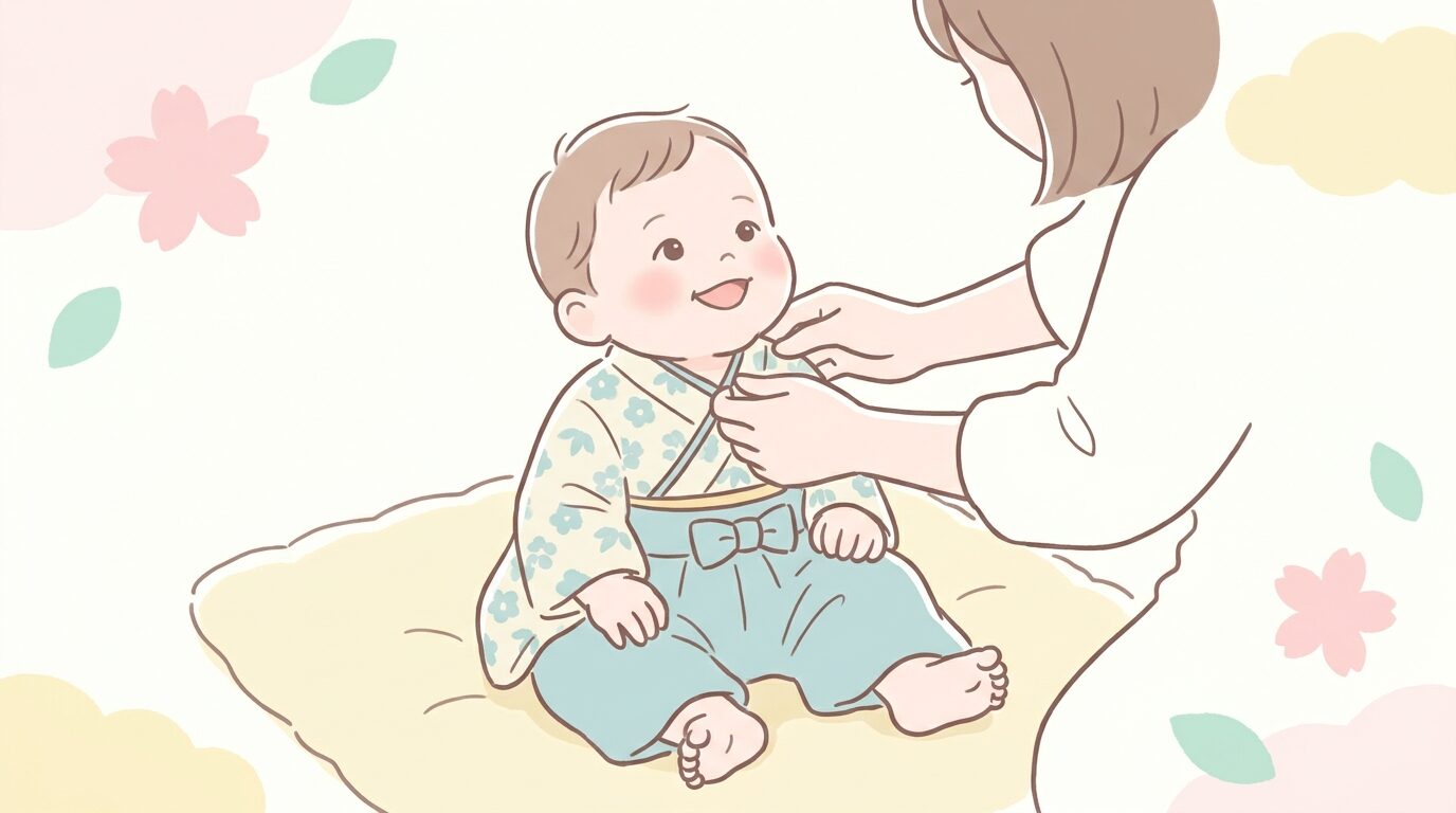 袴ロンパースを着てにっこり笑う生後半年ほどの赤ちゃんと、それを優しく見守る母親の手元