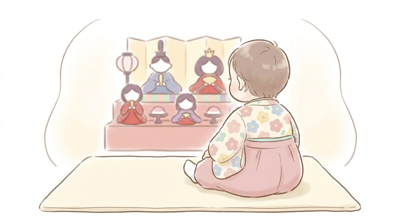 ひな人形の前で花柄の袴ロンパースを着て座る女の子の赤ちゃんの後ろ姿