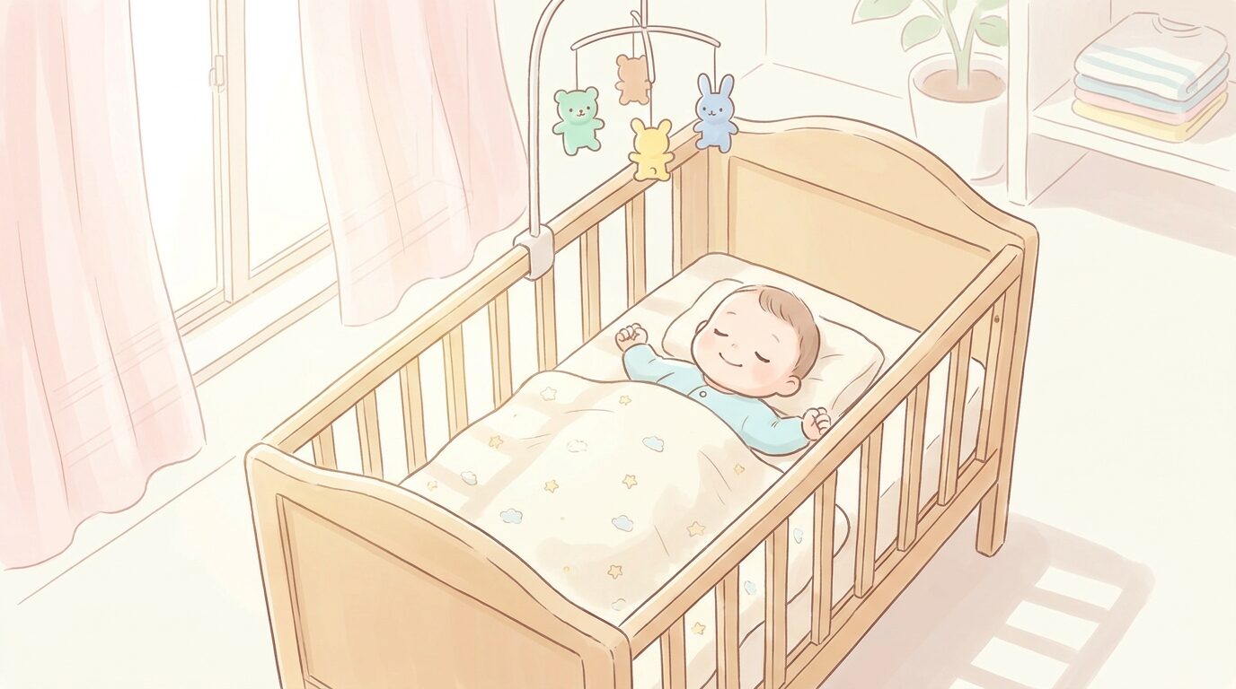 明るい部屋のベビーベッドで気持ちよさそうにお昼寝している生後数ヶ月の赤ちゃん