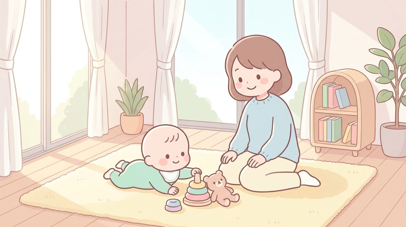昼間の明るいリビングでおもちゃで遊ぶ生後半年ごろの赤ちゃんと見守る母親