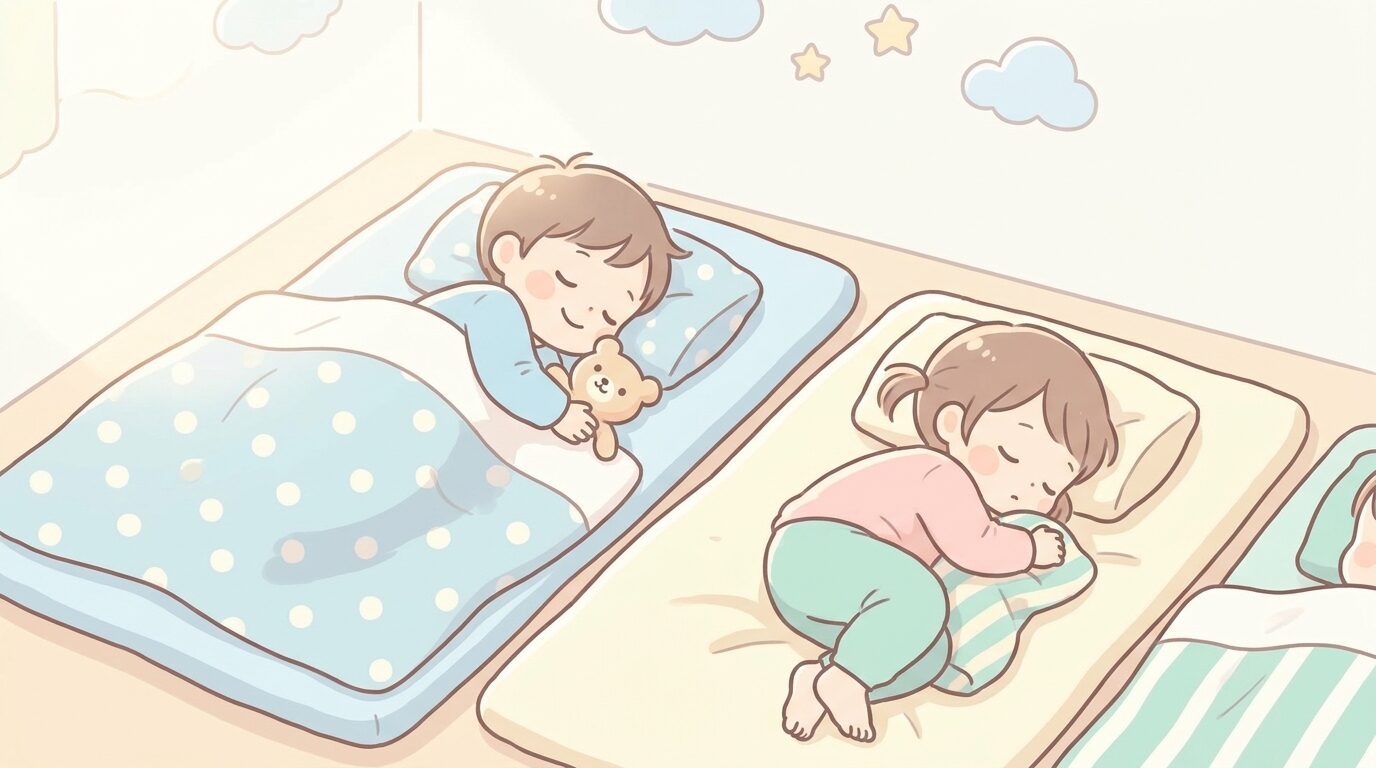 保育園のお昼寝布団で穏やかに眠る2歳ごろの子どもたちの様子