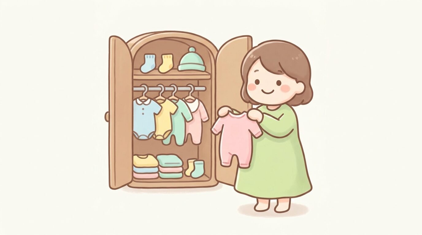 淡い色のベビー服が並んだクローゼットを前に、笑顔で服を選ぶ妊娠中の女性