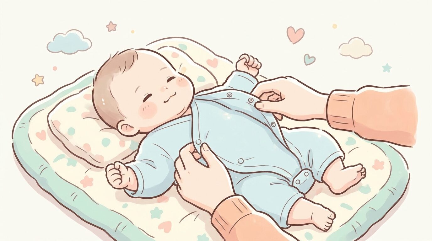 前開きのベビー肌着に着替えさせられている生後1か月ほどの赤ちゃんの様子