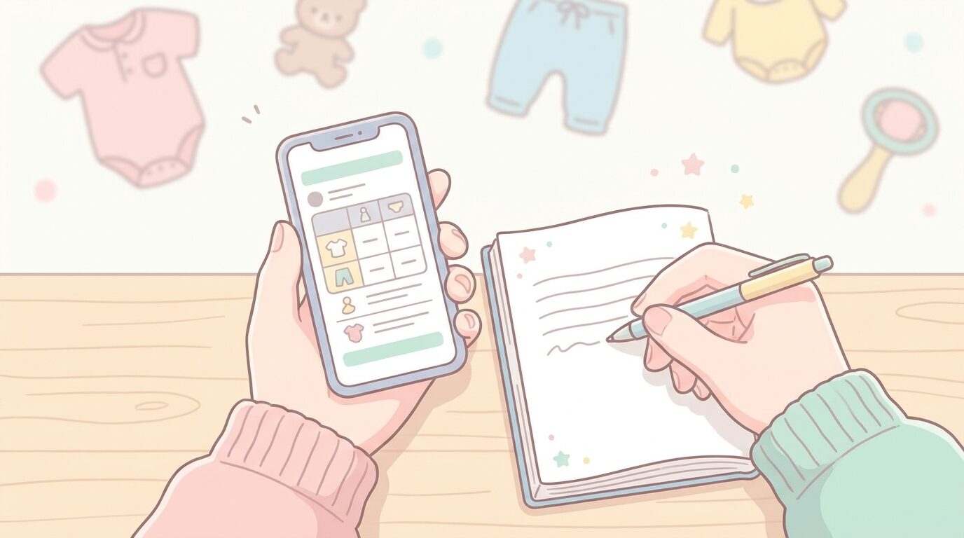 通販サイトのサイズ表をスマートフォンで見比べながらメモを取る母親の手元