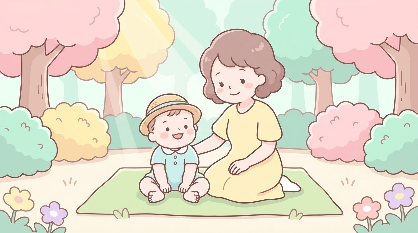 公園で麦わら帽子をかぶって笑顔で座る生後10ヶ月ほどの赤ちゃんと、隣で見守る母親の穏やかな様子