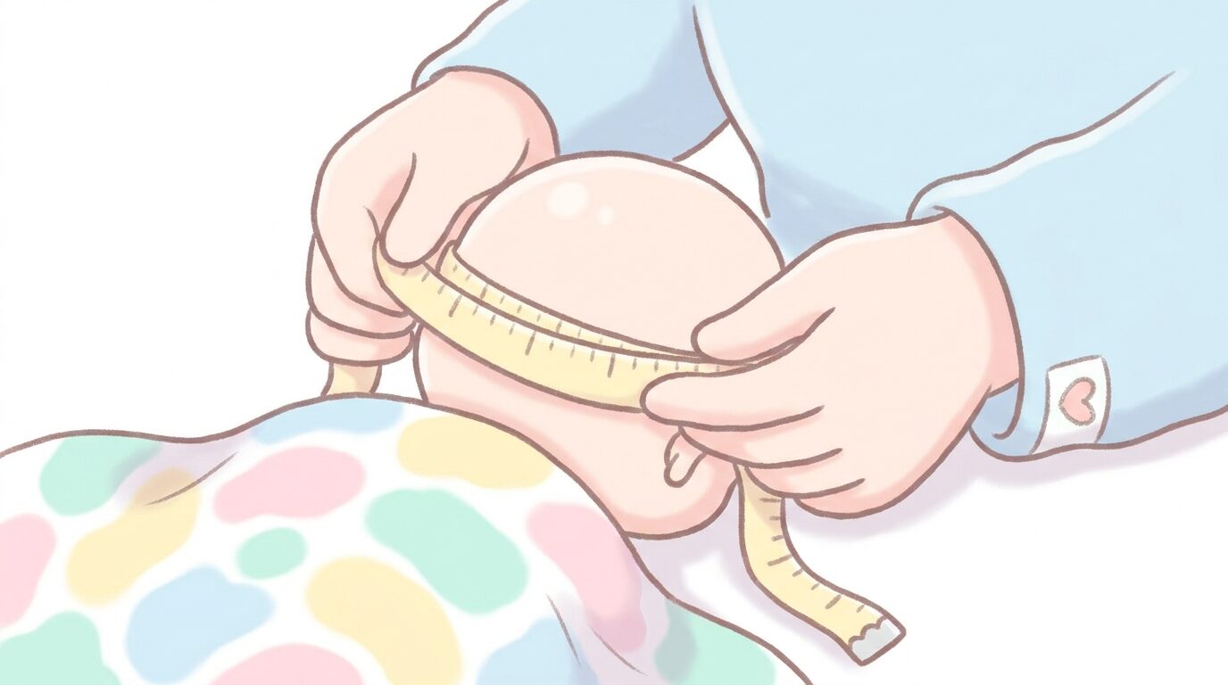 メジャーを使って赤ちゃんの頭囲を優しく測っている親の手元のクローズアップ