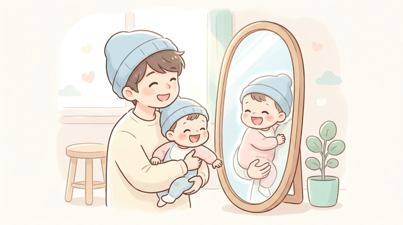 親子でお揃いの帽子をかぶり、鏡の前で笑い合う1歳児と父親のあたたかいシーン
