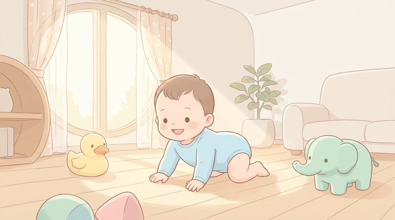 リビングのフローリングで裸足でハイハイする生後8ヶ月ごろの赤ちゃん、明るく暖かい室内
