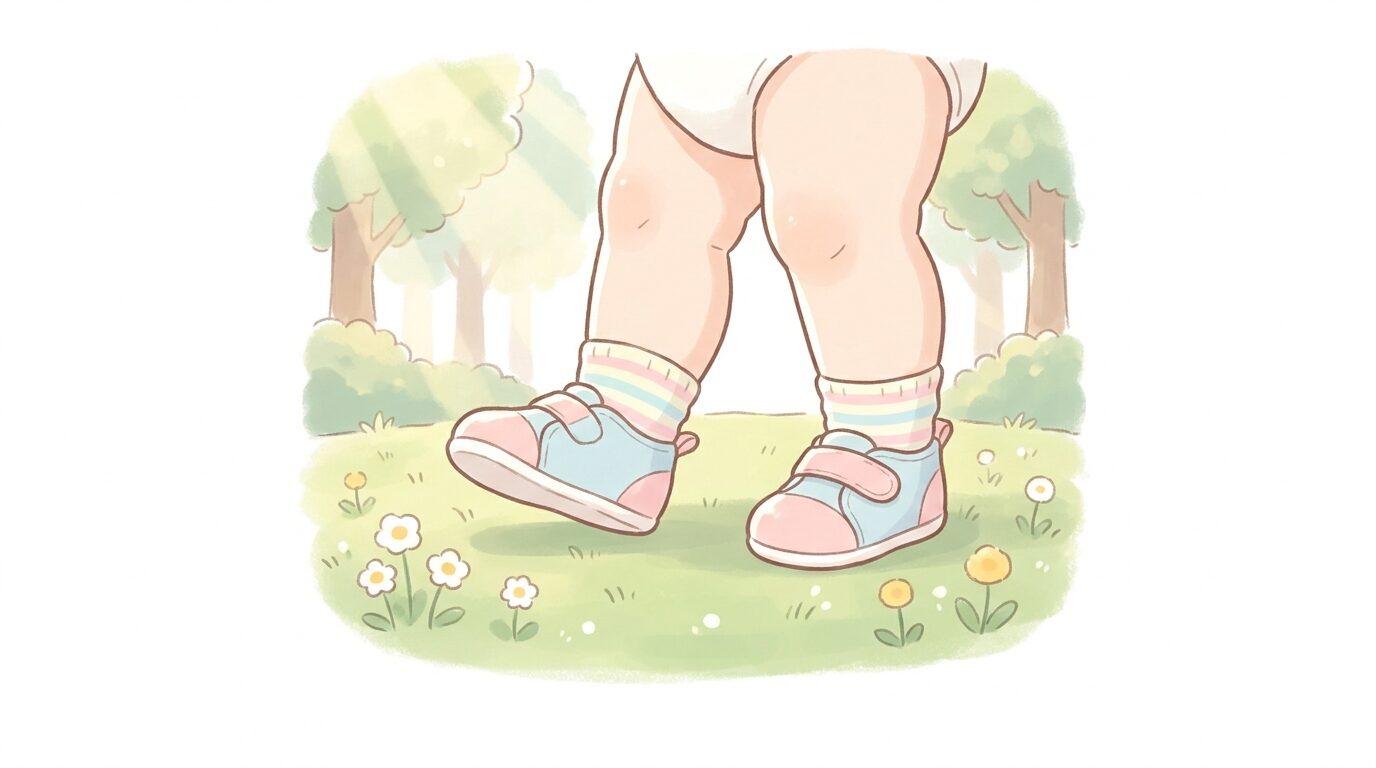 公園の芝生でファーストシューズと靴下を履いてよちよち歩きする1歳ごろの子どもの足元