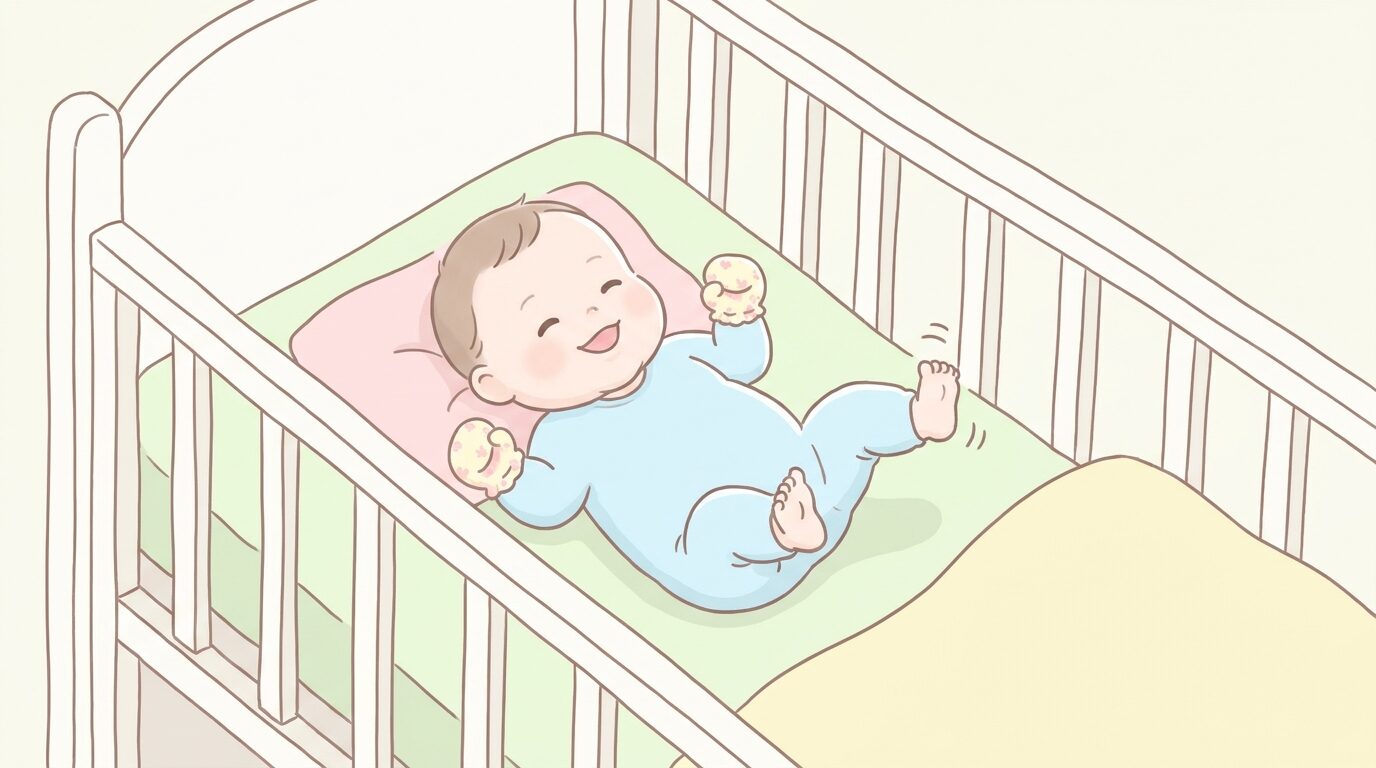 ベビーベッドで手足をバタバタと動かしながら笑顔を見せる生後2か月ごろの赤ちゃん