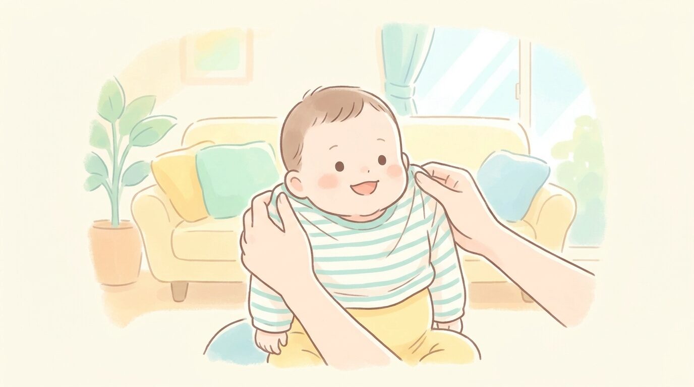 明るいリビングで生後4か月ごろの赤ちゃんにかぶり服を着せようとする母親の優しい手元