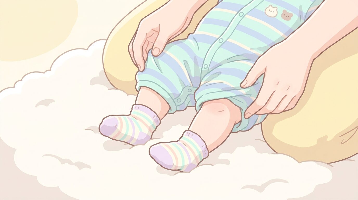 床に寝かせた赤ちゃんの足元からロンパースを下から着せている様子のアップ