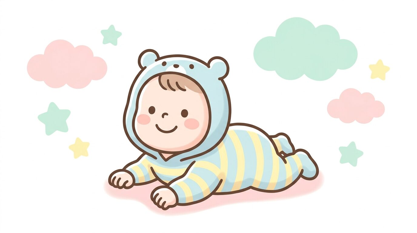 うつ伏せで首をぐっと持ち上げて笑顔を見せる生後4か月ごろの赤ちゃん