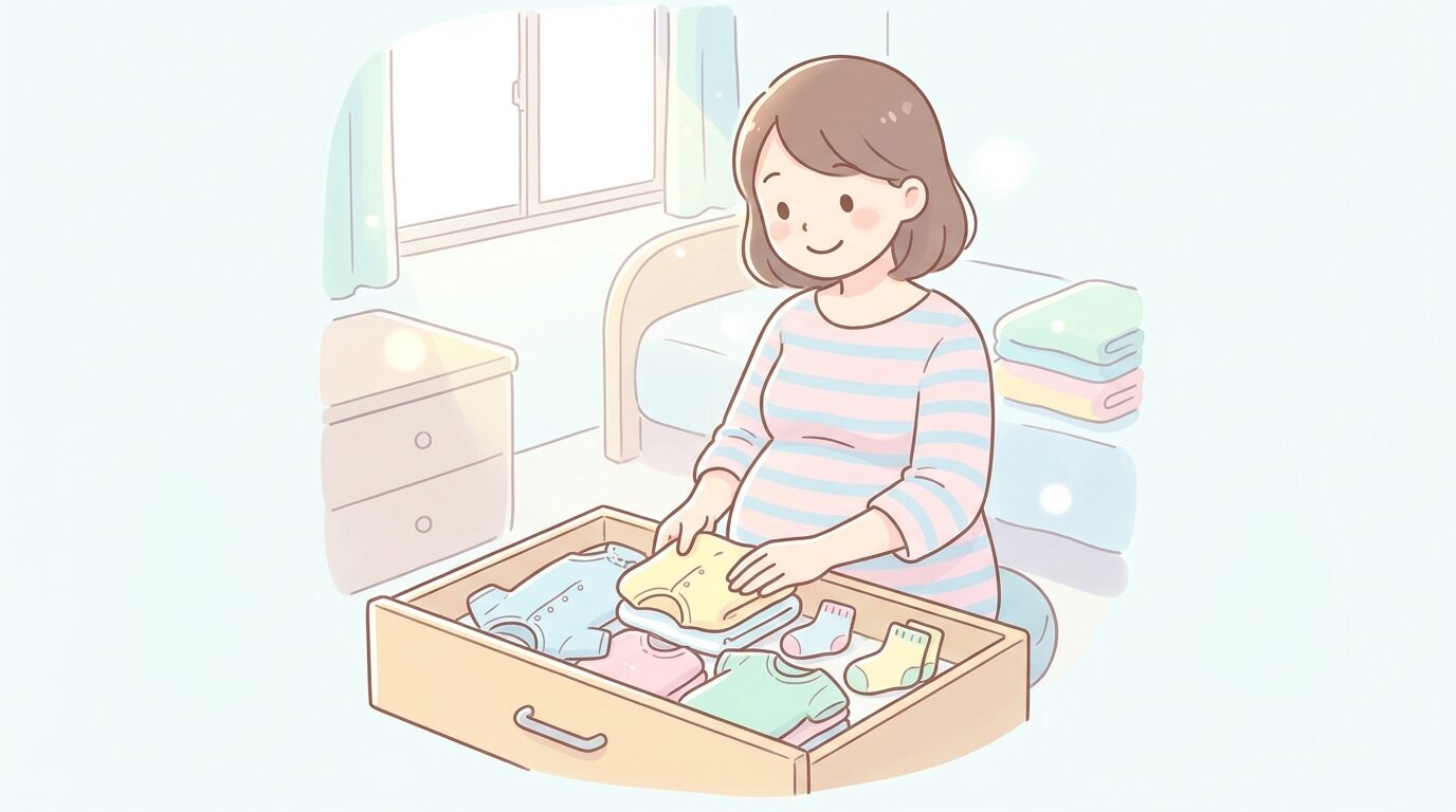 たたんだ肌着を引き出しに収納しながら出産準備を進める妊婦さんの穏やかな様子