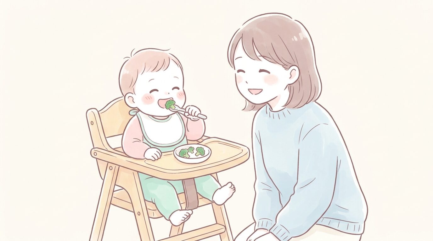 ベビーチェアに座ってブロッコリーの離乳食を口に運ぶ笑顔の赤ちゃんと見守る母親