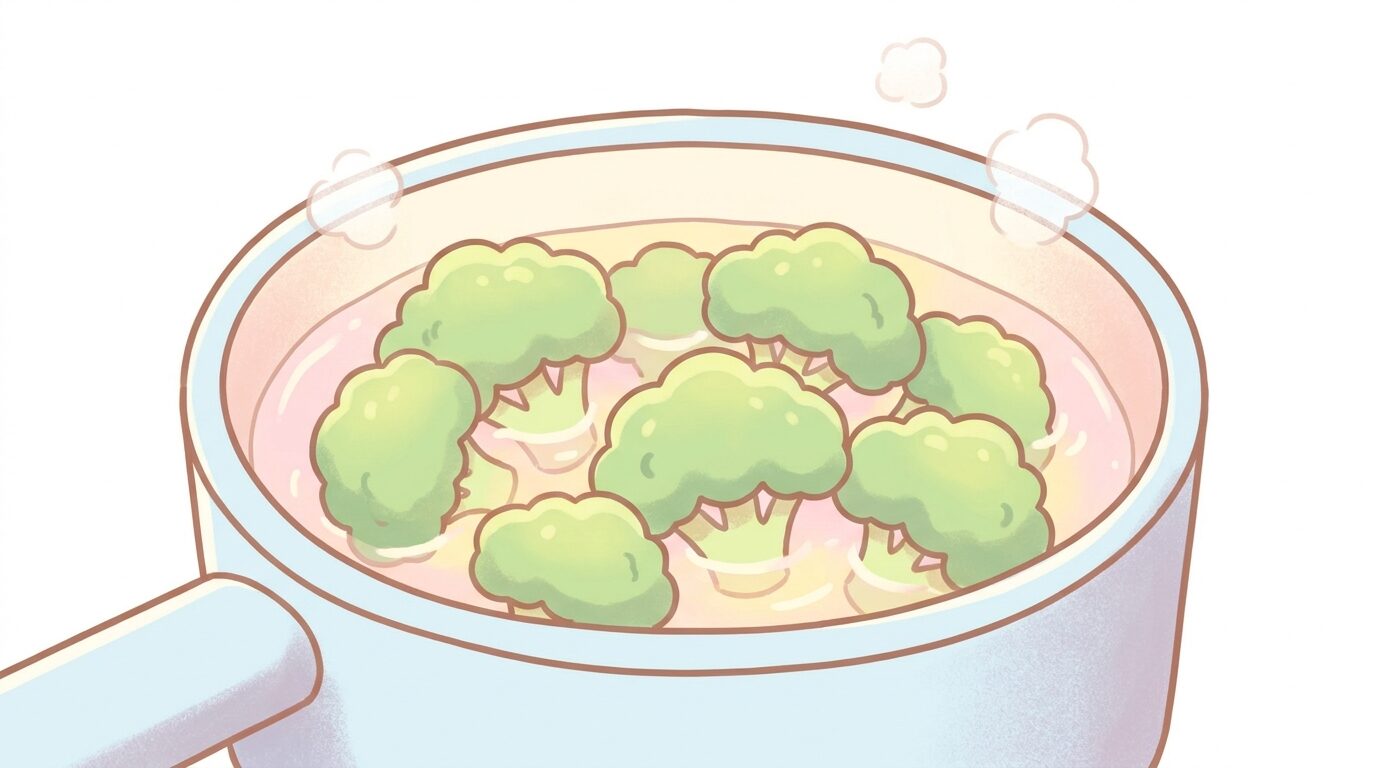 鍋でやわらかく茹でられている小房に分けられたブロッコリーのアップ