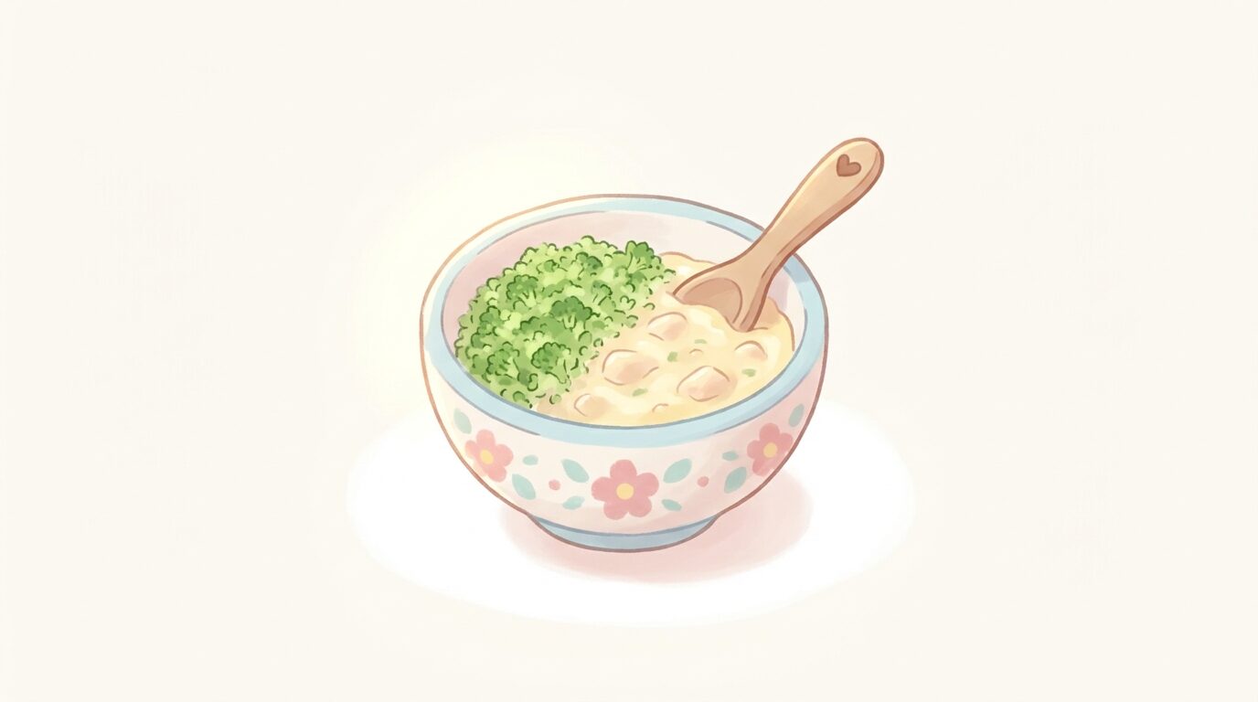 小皿に盛られたみじん切りのブロッコリーと鶏肉のとろみ煮の離乳食