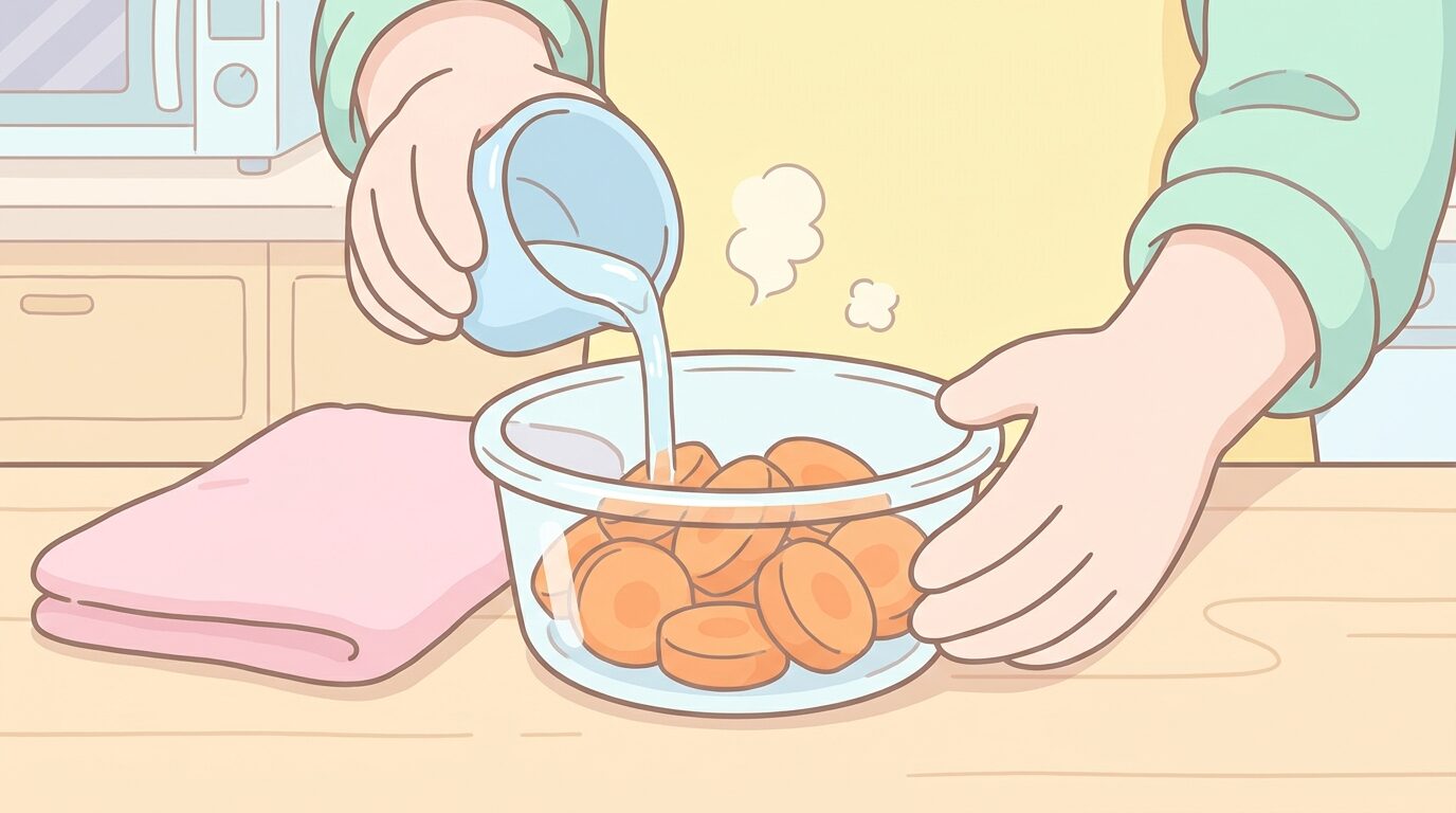 電子レンジ用の耐熱容器に入れた輪切りのにんじんに水を加えている、明るいキッチンでの手元のアップ
