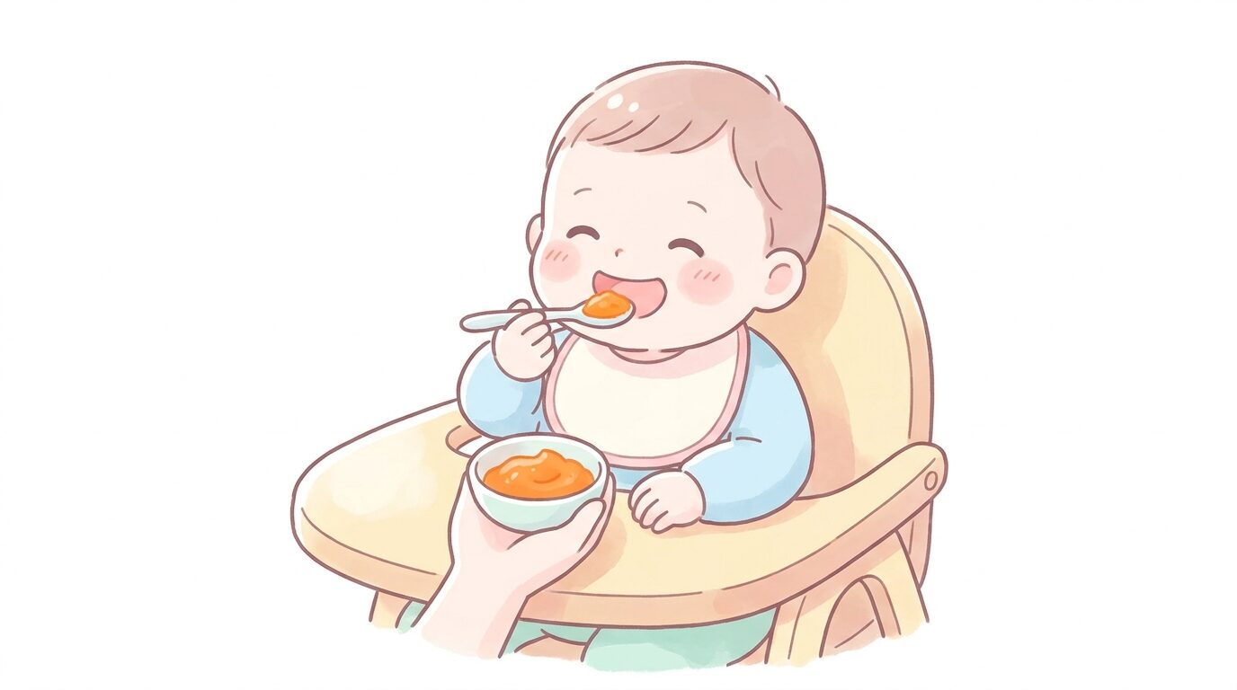 ベビーチェアに座り、にんじんのペーストを口にして笑顔を見せる離乳食期の赤ちゃん