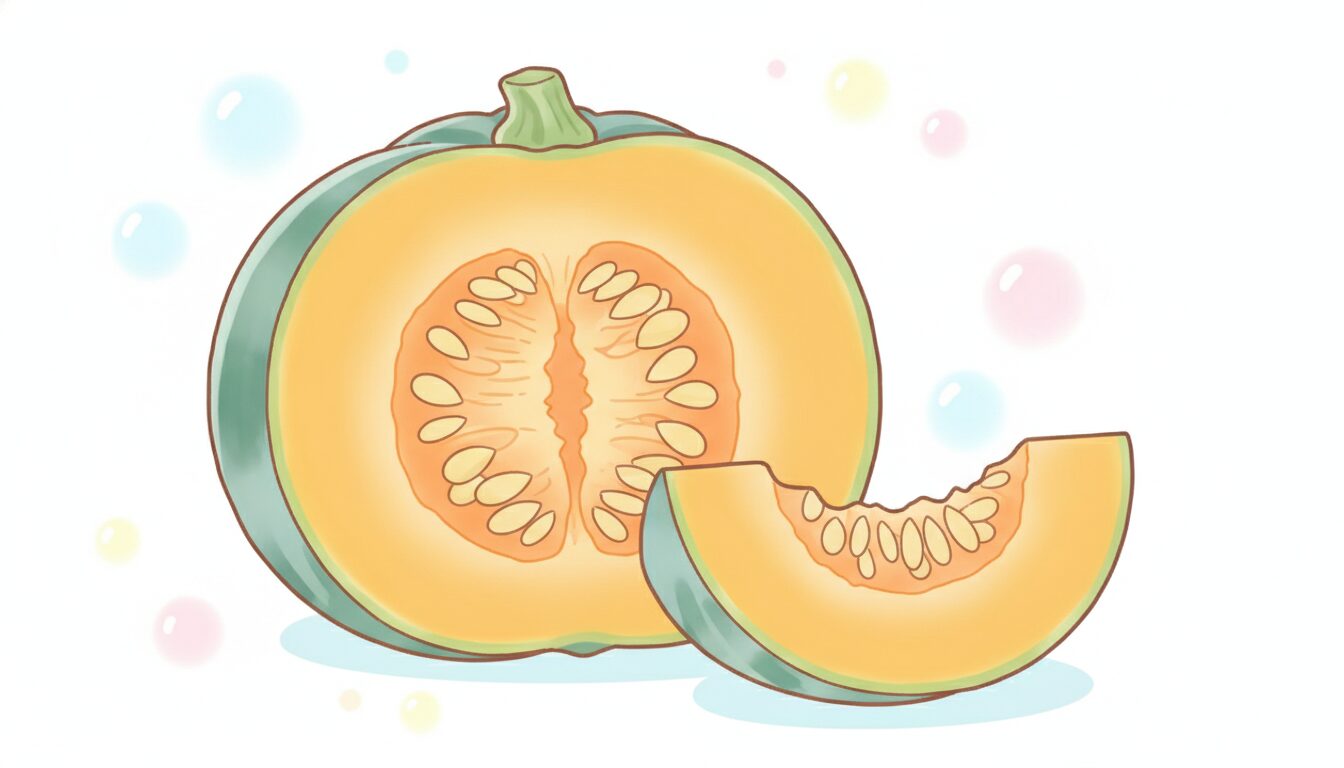 カットされたかぼちゃの断面とβカロテンを連想させる鮮やかなオレンジ色の果肉のクローズアップ