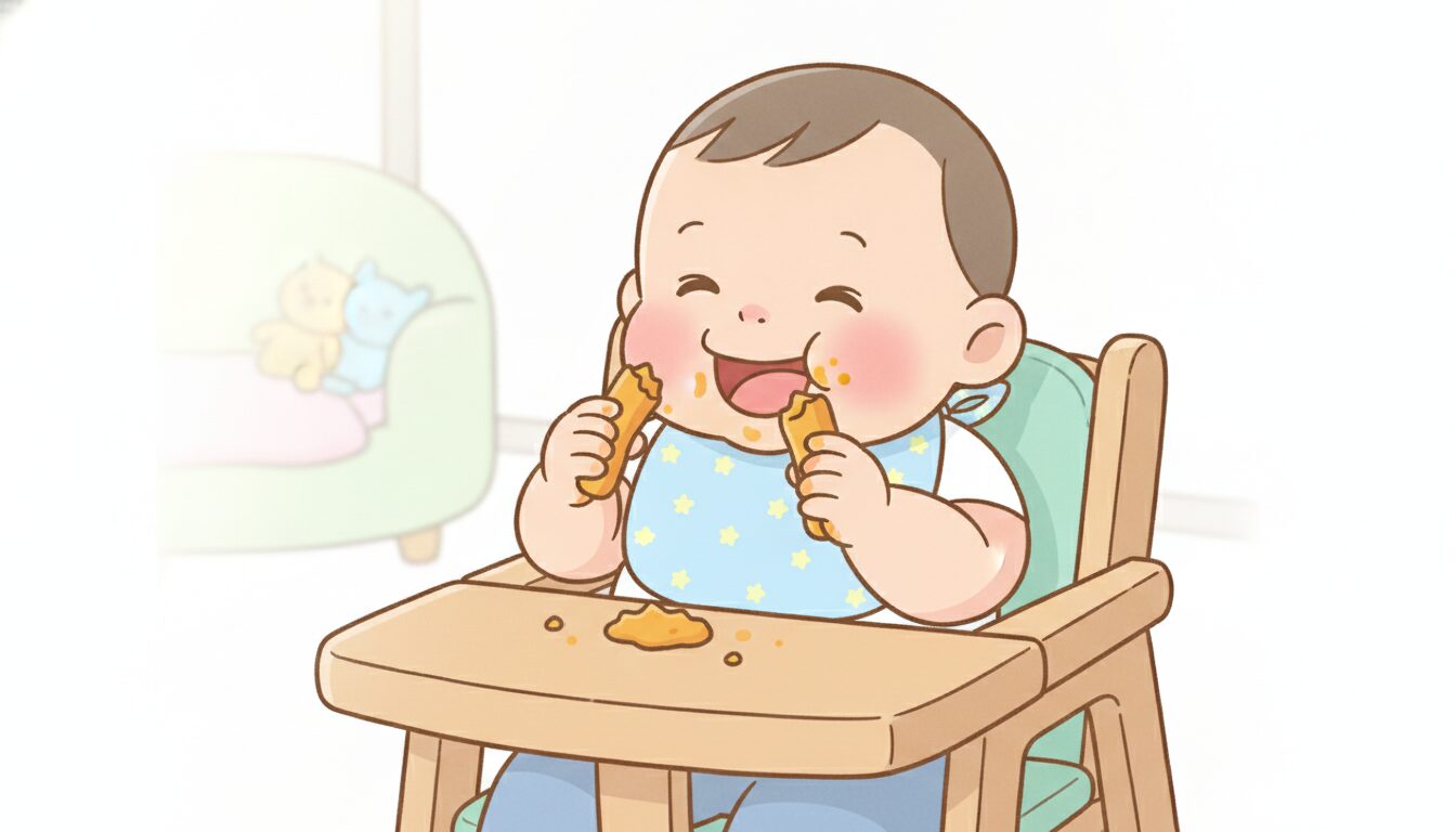 ハイチェアに座った赤ちゃんが手づかみでかぼちゃのスティックを口に運ぼうとしている微笑ましい様子