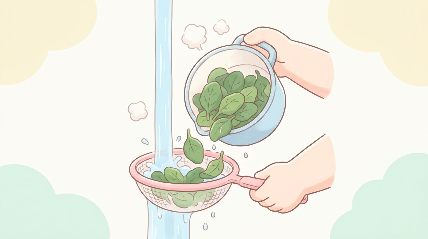 鍋で茹でたほうれん草をザルにあげ、冷水にさらしている調理中の手元のクローズアップ