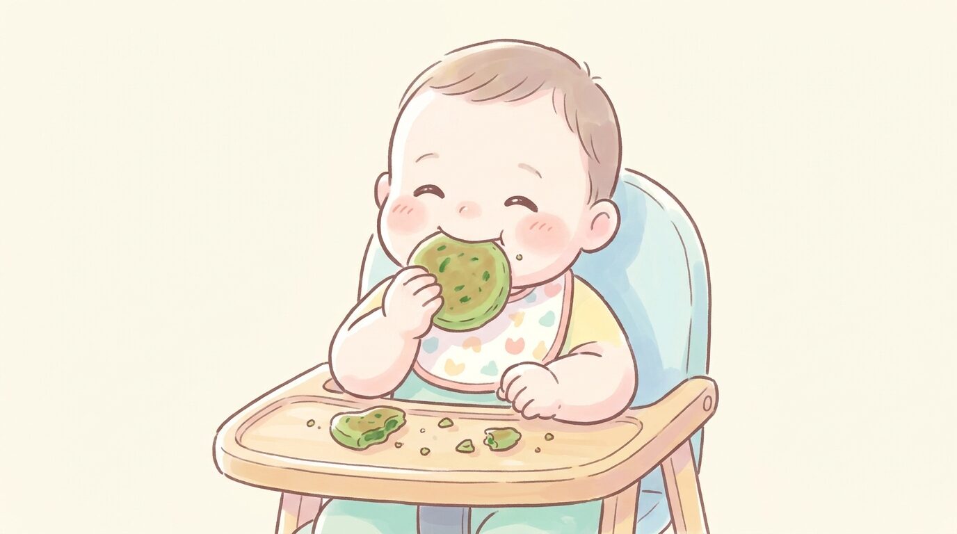 完了期の赤ちゃんが手づかみで緑色の野菜おやきを食べている笑顔のシーン