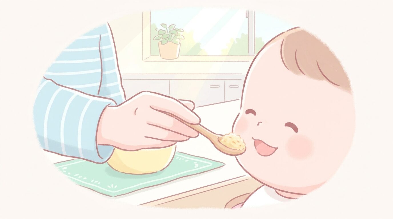 すりおろしたりんごを小さなスプーンで赤ちゃんに食べさせる母親の手元、明るいキッチンの雰囲気