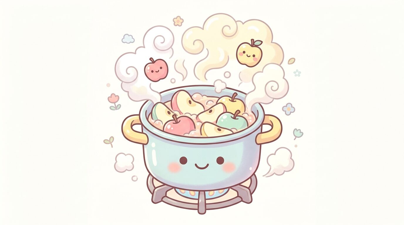 小鍋でりんごをコトコト煮ている様子、湯気が立ちのぼる温かい雰囲気