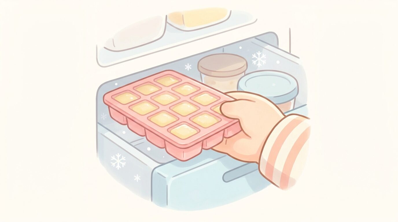 製氷皿に小分けして冷凍された離乳食用のりんごペースト、冷凍庫から取り出す場面