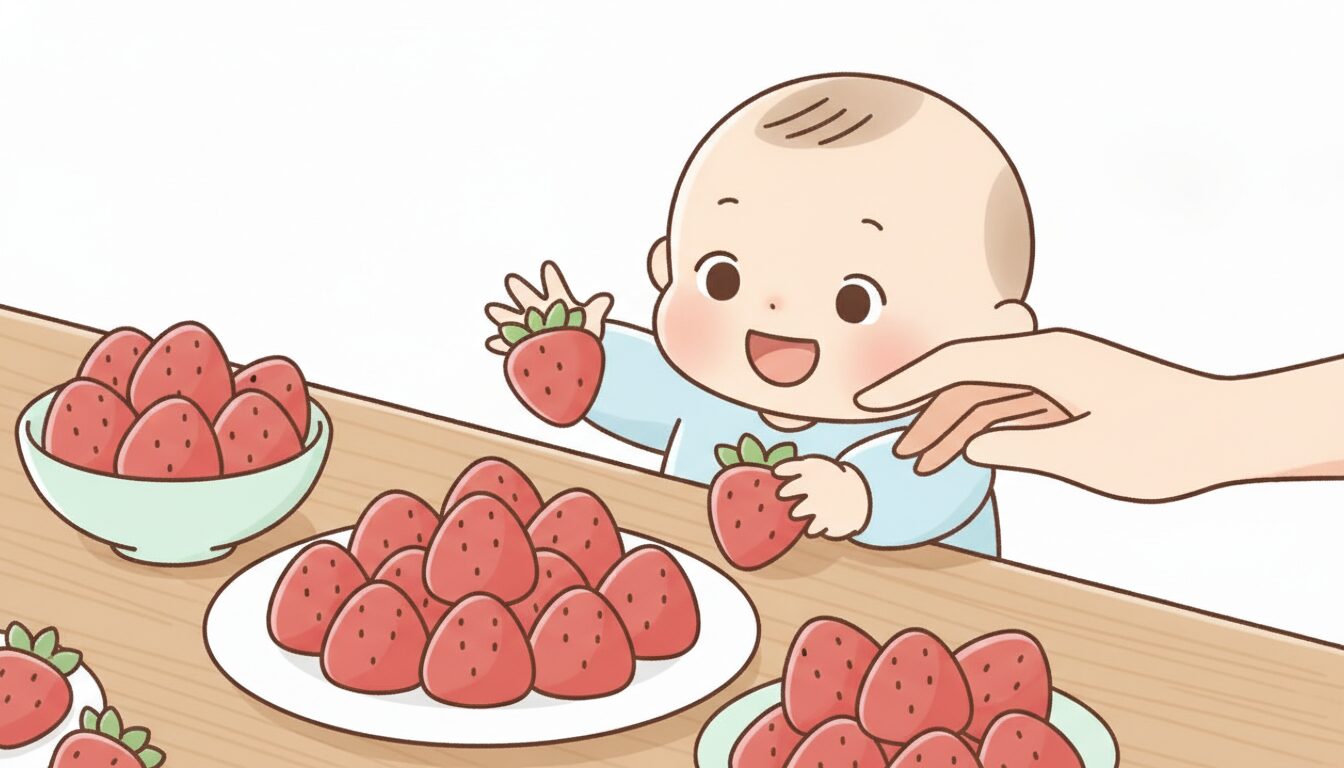 テーブルに並んだ真っ赤な旬のいちごと、それを見て笑顔になる赤ちゃんとママの手元