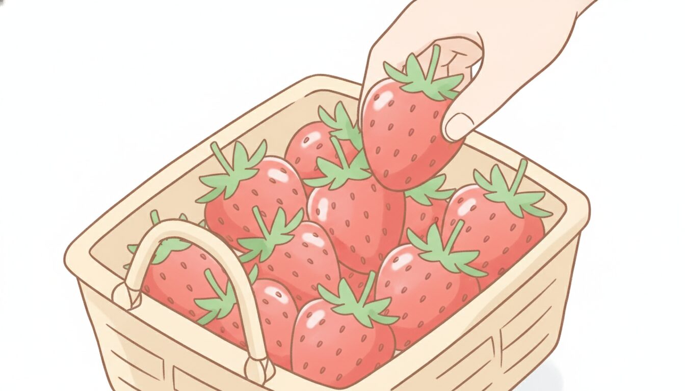 ヘタがピンと立った真っ赤でツヤのある完熟いちごを選ぶ買い物中の手元のアップ