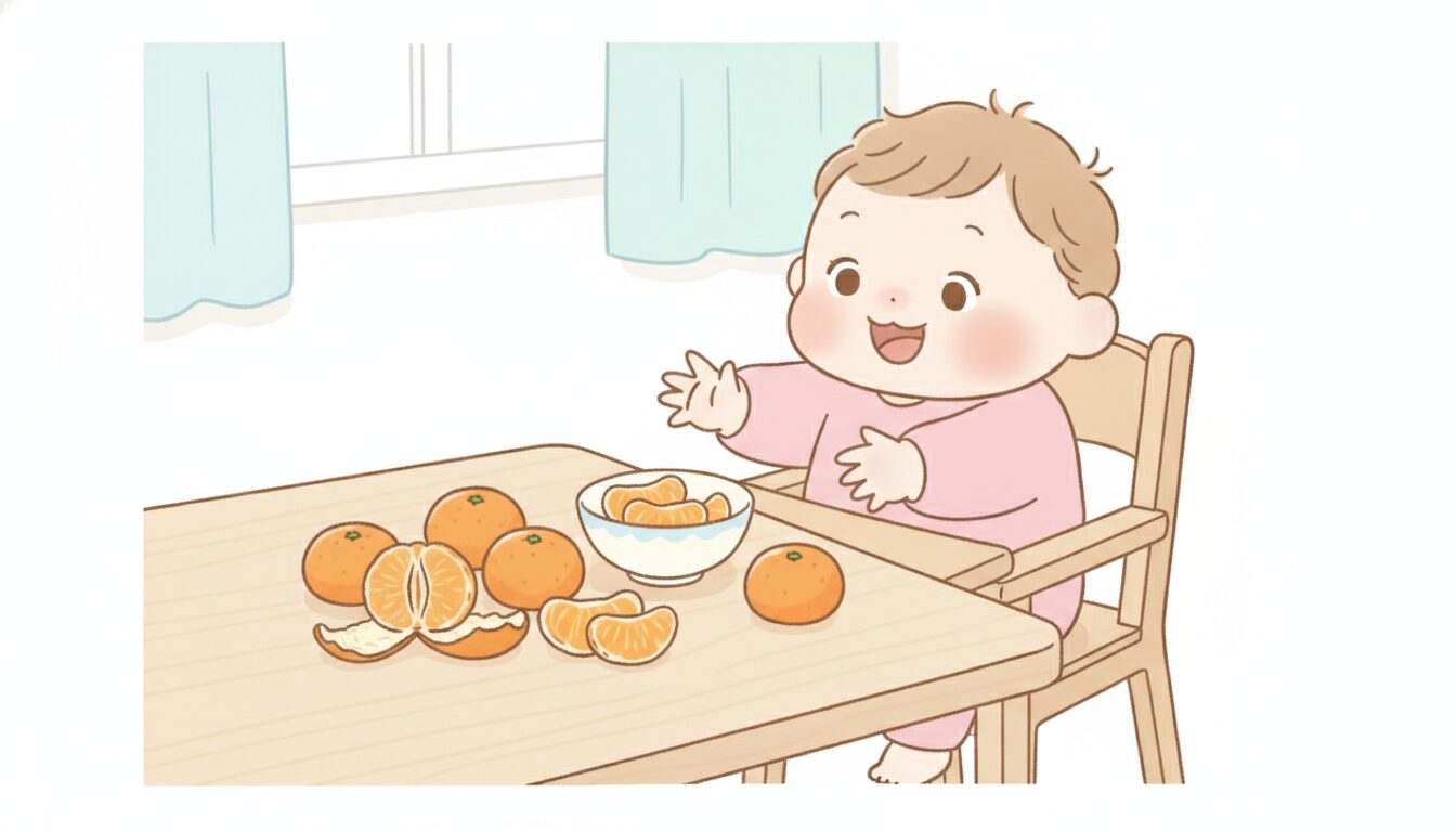テーブルに並んだ温州みかんと、それを見つめてうれしそうに手を伸ばす生後半年ほどの赤ちゃん