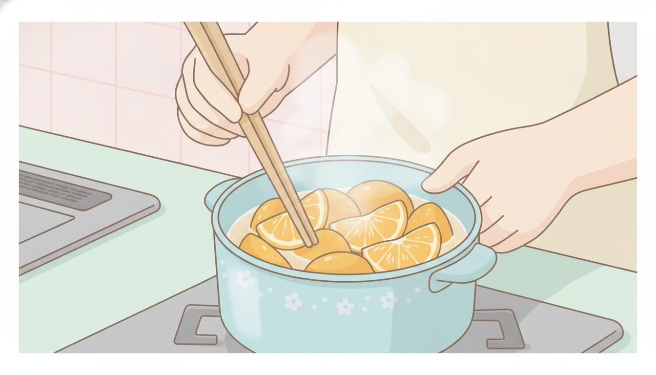 キッチンで小鍋に房ごとのみかんを入れ、菜箸でゆでている手元のクローズアップ