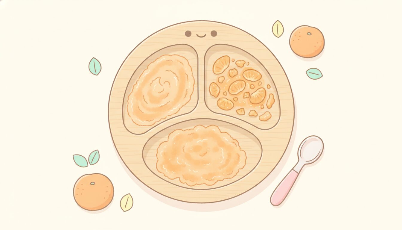 木製の離乳食皿に月齢別に盛り付けられたみかんペーストと刻みみかんを並べた俯瞰写真