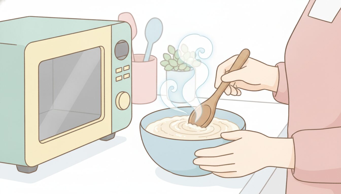 キッチンで電子レンジから取り出した器の中の温かいオートミール粥を木製スプーンでかき混ぜる女性の手元、湯気が立ちのぼる清潔感のある様子